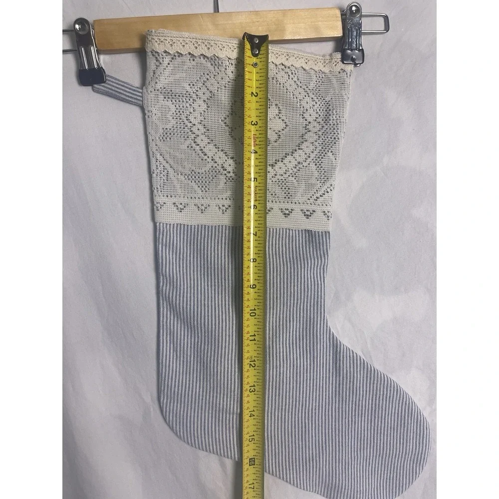 Handmade linen blend blue striped lace VTG style cuff Christmas stocking